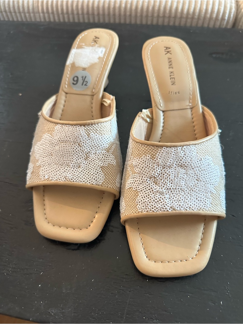 Anne Klein Tan Slide Mules with White Sequin Floral Detail